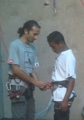 Narayan getting ready to climb at the climbing competition